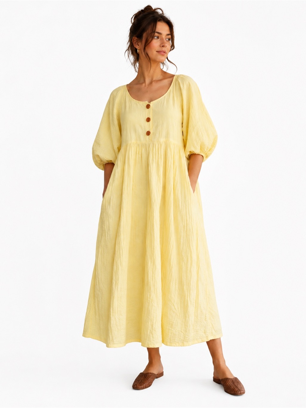 Atelier Delphine Organic Cotton Gauze Puff Sleeve Midi Dress Butter Yellow M